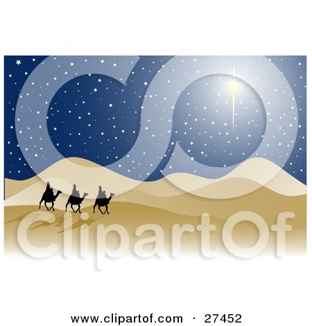 Clipart Illustration of The Three Wise Men Silhouetted, Riding On Camels Through The Desert With A Bright Star In The Night Sky by KJ Pargeter