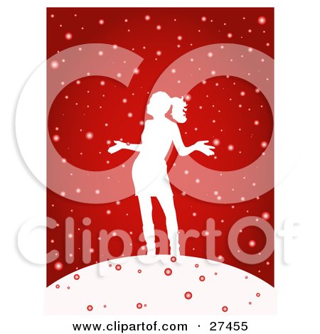 Happy Woman Silhouetted In White, Holding Her Arms Out And Standing In The Snow, On A Red Background Posters, Art Prints