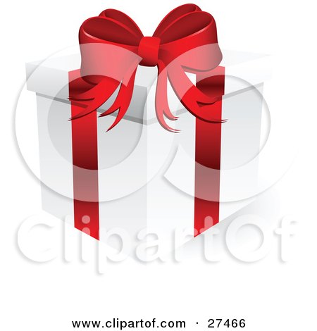Clipart Illustration of a White Christmas Present Box Wrapped With A Red Bow And Ribbon, Over White by KJ Pargeter