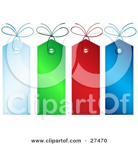 Clipart Illustration of a Collection Of Four Blue, Green And Red Blank Christmas Gift Tags With Matching Strings by KJ Pargeter