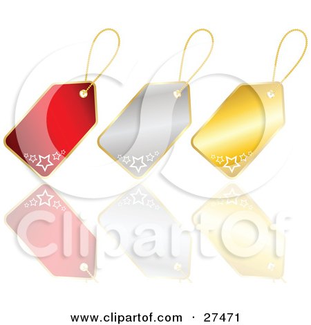 Clipart Illustration of a Collection Of Three Red, Silver And Gold Christmas Gift Tags With Stars, On A Reflective White Surface by KJ Pargeter