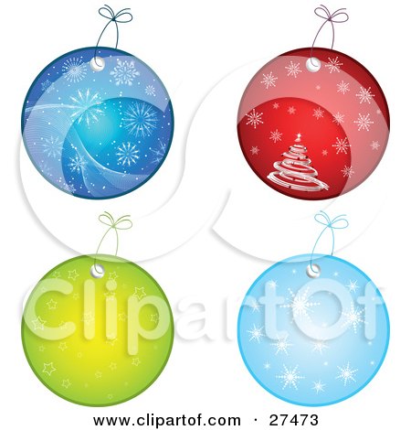 Clipart Illustration of a Collection Of Four Blue, Red And Green Circular Christmas Gift Tags With Snowflakes, Stars And Christmas Trees by KJ Pargeter