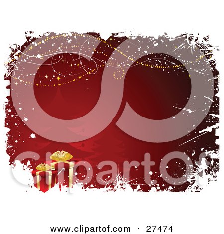 Clipart Illustration of Red And Gold Christmas Presents And Tree Silhouettes On A Gradient Red Background Bordered With Twinkles And White Grunge by KJ Pargeter