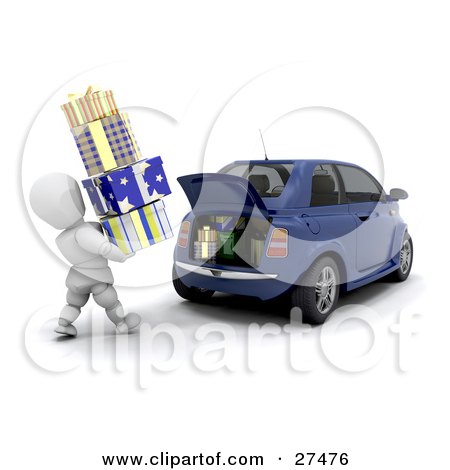 Clipart Illustration of a White Character Carrying A Stack Of Christmas Presents And Loading Them Into The Trunk Of A Blue Compact Car by KJ Pargeter
