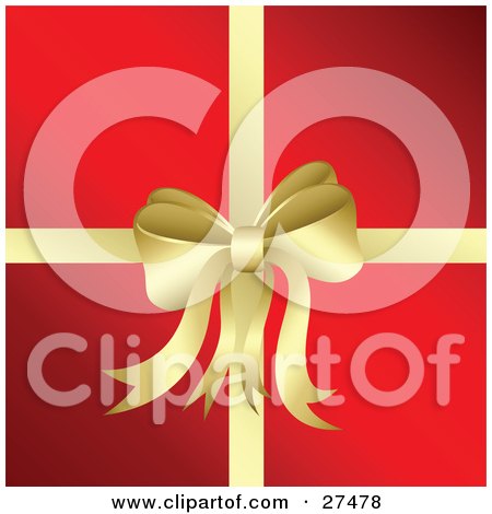 Clipart Illustration of a Golden Bow And Ribbon Adorning A Christmas Present Wrapped In Red Paper by KJ Pargeter