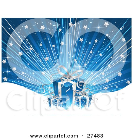 Clipart Illustration of a Blue And Silver Christmas Present Over A Blue Bursting Background With Stars And Snow by KJ Pargeter