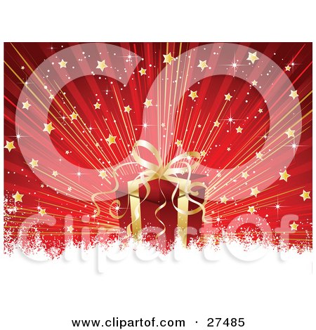 Clipart Illustration of a Red And Gold Christmas Present Over A Red Bursting Background Of Stars With White Grunge by KJ Pargeter