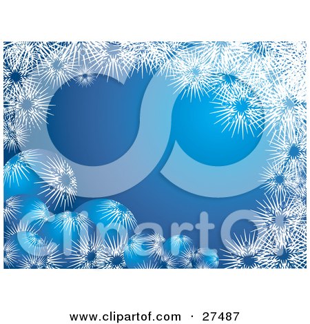 Clipart Illustration of a Group Of Blue And White Christmas Ornaments Snowflake Patterns In The Corner Of A Blue Background Bordered With Big Snowflakes by KJ Pargeter
