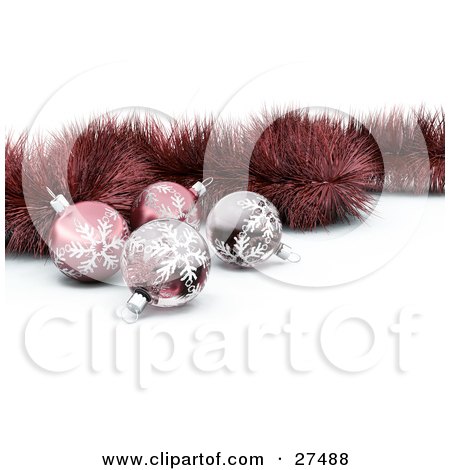 Clipart Illustration of Four Red Snowflake Baubles And Tinsel by KJ Pargeter