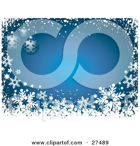 Clipart Illustration of Three Blue Christmas Ornaments With Dark Blue Snowflake Patterns, Over A Blue Background Bordered With Snowflakes And Snow by KJ Pargeter
