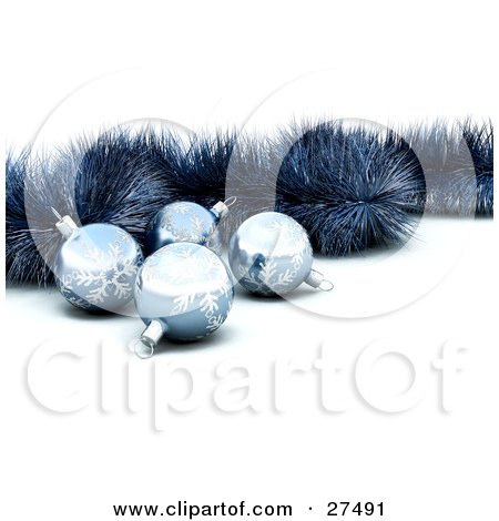 Clipart Illustration of Four Blue Snowflake Baubles And Tinsel by KJ Pargeter