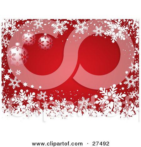Clipart Illustration of a Red Background Bordered With White Snowflakes And Christmas Tree Ornaments by KJ Pargeter