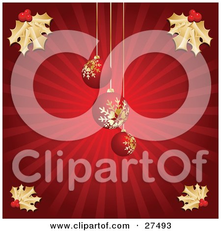 Clipart Illustration of Three Red Christmas Tree Ornaments With Golden Snowflake Patterns, Hanging Over A Bursting Red Background With Gold Holly In The Corners by KJ Pargeter