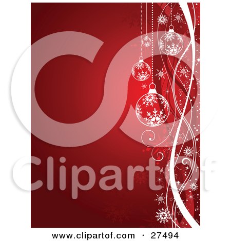 Clipart Illustration of Red And White Snowflake Ornaments And Ribbons, Suspended Over A Red Background by KJ Pargeter