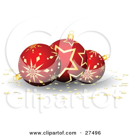 Clipart Illustration of Three Red And Gold Star Patterned Christmas Ornaments With Gold Star Confetti On A White Background by KJ Pargeter