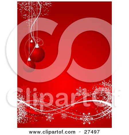 Clipart Illustration of Three Red Christmas Tree Ornaments Suspended Over A Red Background With Red And White Waves And Snowflakes by KJ Pargeter