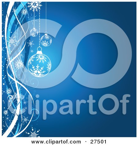 Clipart Illustration of Two Blue And White Christmas Ornaments With Snowflake Patterns, Over A Gradient Blue Background With Ribbons And Snowflakes by KJ Pargeter