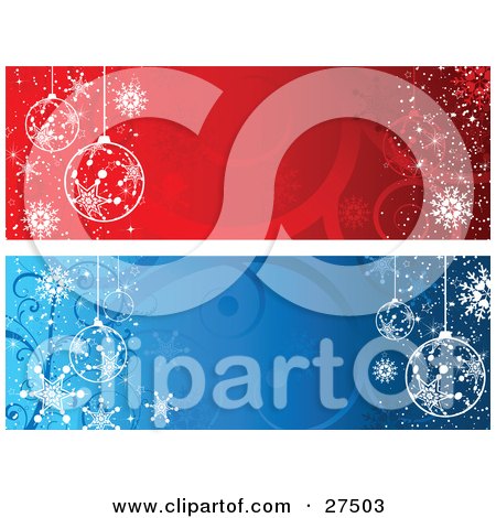 Clipart Illustration of Red And Blue Web Site Banners Of White Ornaments And Snowflakes On Backgrounds With Swirls by KJ Pargeter