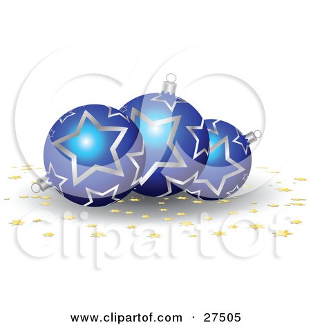 Clipart Illustration of Three Blue And Silver Star Patterned Christmas Ornaments With Gold Star Confetti On A White Background by KJ Pargeter