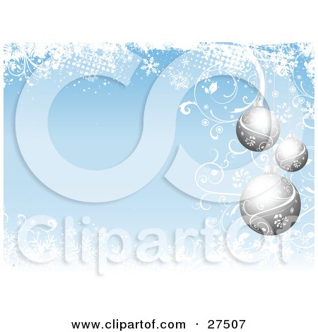 Clipart Illustration of Three Silver Floral Ornaments Suspended Over A Pale Blue Background Bordered With Snowflakes by KJ Pargeter