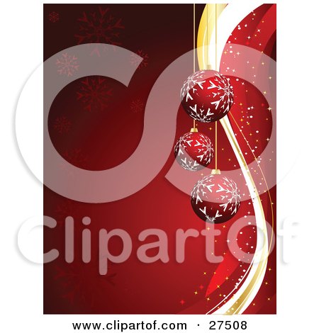 Clipart Illustration of Three Red Snowflake Patterned Ornaments Suspended Over A Red Background With Snowflakes And Waves by KJ Pargeter