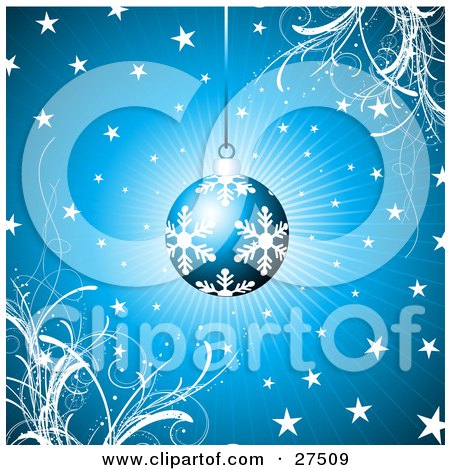 Clipart Illustration of a Blue Christmas Ornament With White Snowflake Patterns, Suspended Over A Bursting Blue Background With Grasses And Stars by KJ Pargeter