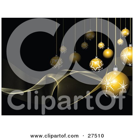 Clipart Illustration of a Group Of Gold Snowflake And Star Patterned Christmas Ornaments Hanging Over A Black Background With Golden Waves by KJ Pargeter