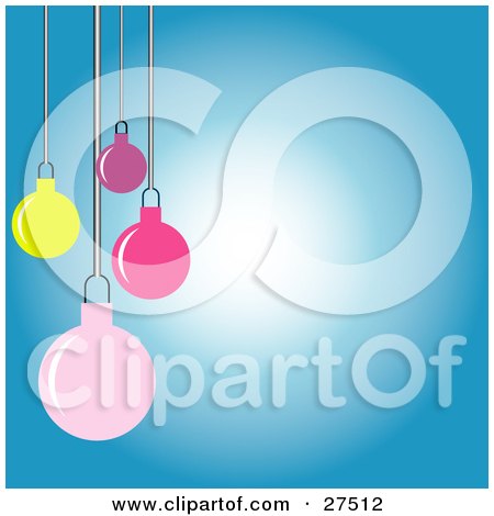 Clipart Illustration of Yellow, Pink And Purple Christmas Tree Ornaments Hanging Over A Gradient White To Blue Background by KJ Pargeter