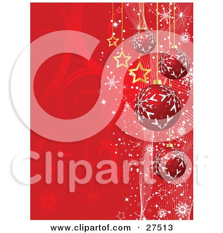 Clipart Illustration of Red Snowflake Patterned Ornaments And Gold Stars Suspended Over A Red Swirl Background With Snowflakes by KJ Pargeter
