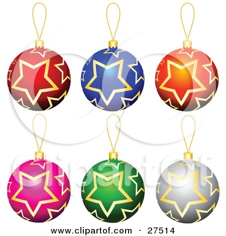 Clipart Illustration of a Collection Of Red, Blue, Orange, Pink, Green And Silver Star Patterned Christmas Tree Ornaments by KJ Pargeter