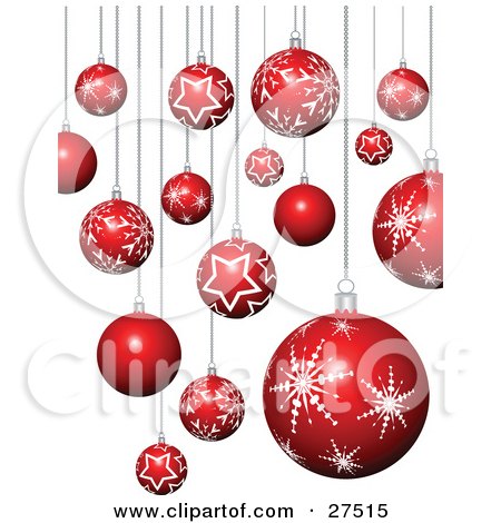 Clipart Illustration of a Background Of Red And White Christmas Tree Ornaments With Star And Snowflake Patterns Suspended Over White by KJ Pargeter