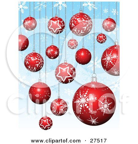 Clipart Illustration of a Background Of Red And White Christmas Tree Ornaments With Star And Snowflake Patterns Suspended Over Blue With Snowflakes by KJ Pargeter