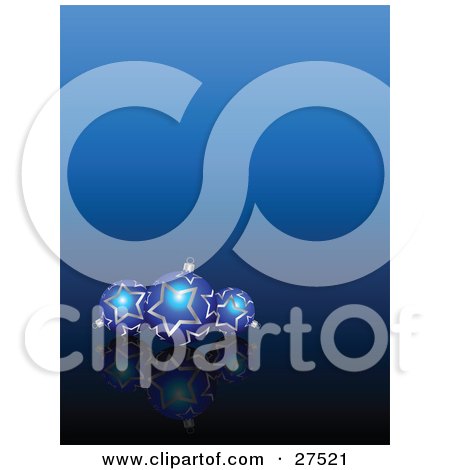 Clipart Illustration of Three Blue Christmas Tree Ornaments With Silver Star Patterns, Resting On A Reflective Surface With A Gradient Blue Background by KJ Pargeter