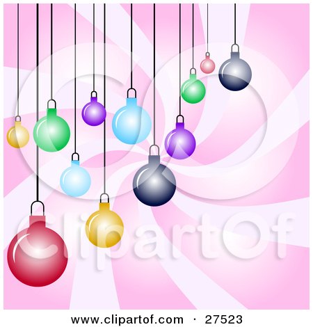 Clipart Illustration of a Group Of Yellow, Green, Blue, Red, And Pink Christmas Ornaments Suspended Over A Swirling Pink Background by KJ Pargeter
