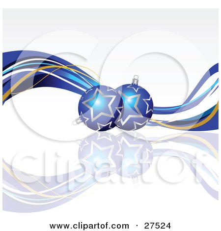 Clipart Illustration of Three Blue Christmas Tree Ornaments With Silver Star Patterns, Resting On A Reflective White Surface With Waves Of Blue, White And Orange by KJ Pargeter