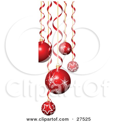 Clipart Illustration of a Background Of Red And White Christmas Tree Ornaments With Star And Snowflake Patterns And Curled Ribbons Suspended Over White by KJ Pargeter