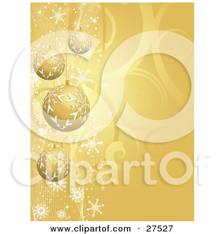 Clipart Illustration of Four Golden Christmas Baubles With Snowflake Patterns, Suspended Over A Gold Swirl Background by KJ Pargeter