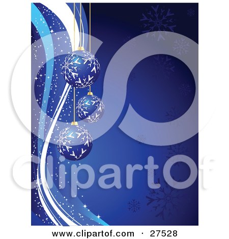 Clipart Illustration of Three Dark Blue Christmas Ornaments With White Snowflake Patterns, Over A Gradient Blue Background With Snow Flakes And Sparkles by KJ Pargeter