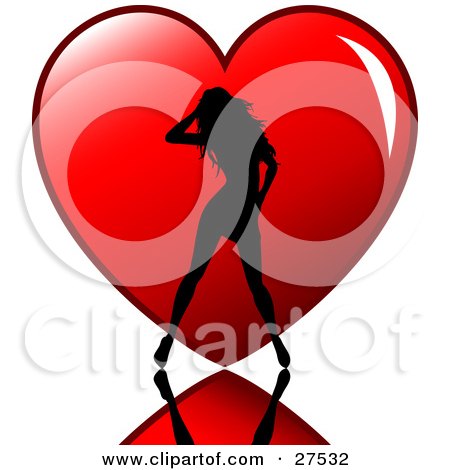Clipart Illustration of a Sexy Silhouetted Woman Standing On A Reflective Surface In Front Of A Big Red Heart by KJ Pargeter