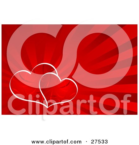 Clipart Illustration of a Bursting Red Background With Two Patterned Hearts Traced In White by KJ Pargeter