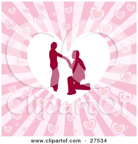 Clipart Illustration of a Silhouetted Man On His Knees, Proposing To A Woman Inside A White Heart Over A Pink Bursting Heart Background by KJ Pargeter