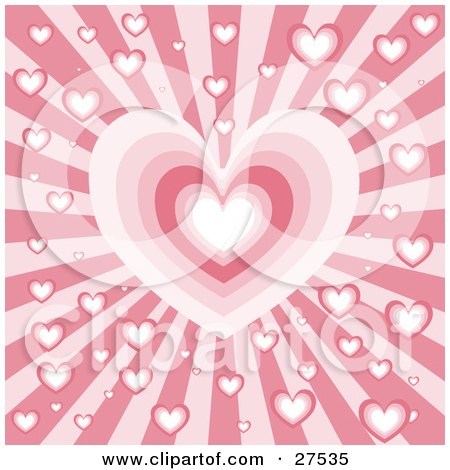 Clipart Illustration of a Bursting Red And Pink Background With A Big Heart In The Center And Small Hearts Scattered by KJ Pargeter