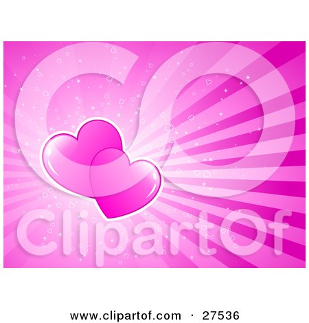 Clipart Illustration of Two Pink Hearts Over A Pink Bursting Background With Sparkles And Hearts by KJ Pargeter