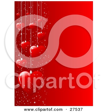 Clipart Illustration of a Group Of Suspended Red Hearts And White Sparkles Along The Left Edge Of A Red Background by KJ Pargeter