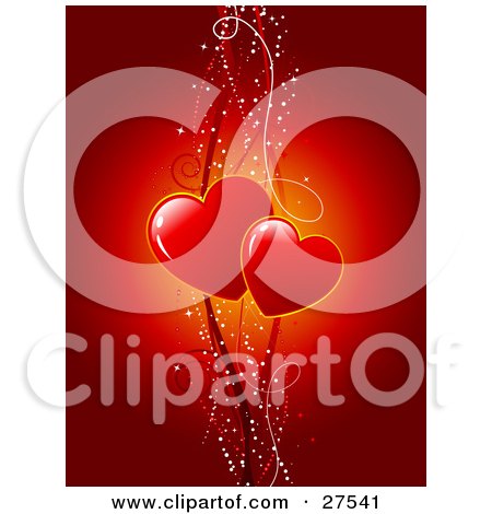 Clipart Illustration of a Red Vertical Background Of Two Hearts On Red Strings With Sparkles by KJ Pargeter