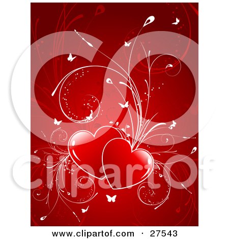 Clipart Illustration of Two Red Hearts With Plants Sprouting From Them And White Butterflies Fluttering Over A Red Background by KJ Pargeter