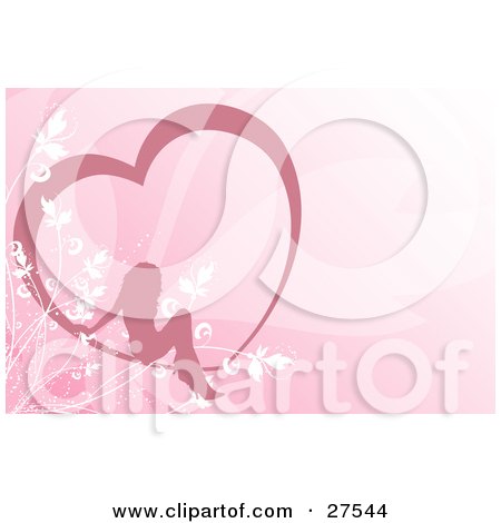 Clipart Illustration of a Silhouetted Woman Sitting Inside A Heart Over A Pink Background With White Grasses by KJ Pargeter