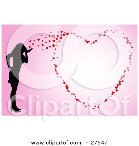 Clipart Illustration of a Silhouetted Woman Blowing Kisses That Form A Big Heart On A Pink Background by KJ Pargeter
