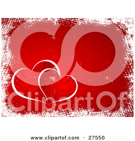 Clipart Illustration of Two Red Patterned Hearts Outlined In White, In The Corner Of A Red Background Bordered With White Dotted Grunge by KJ Pargeter