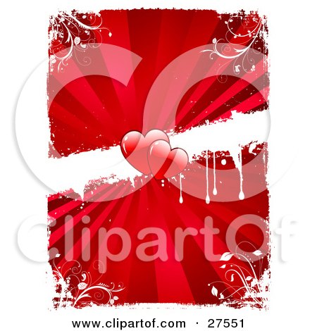 Clipart Illustration of Two Red Hearts In The Center Of A Dripping White Strip Across A Bursting Red Background by KJ Pargeter